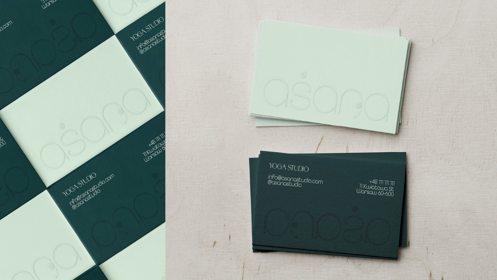 Business-card applications in light and dark colorways.